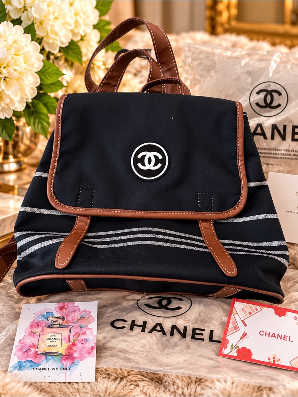 NWT CHANEL Black Nylon Backpack with Brown Trim and Striped Accents- VIP Gift